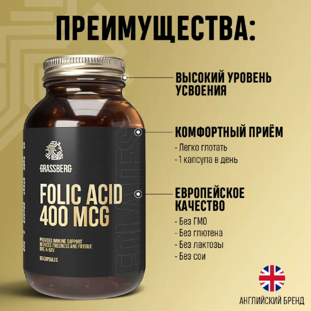 Фолиевая кислота, 400 мг, 60 капсул, GRASSBERG