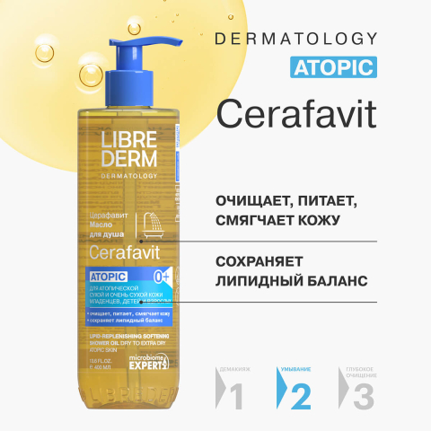 CERAFAVIT масло липидовосстанавливающее для душа с церамидами и пребиотиком 400 мл, LIBREDERM