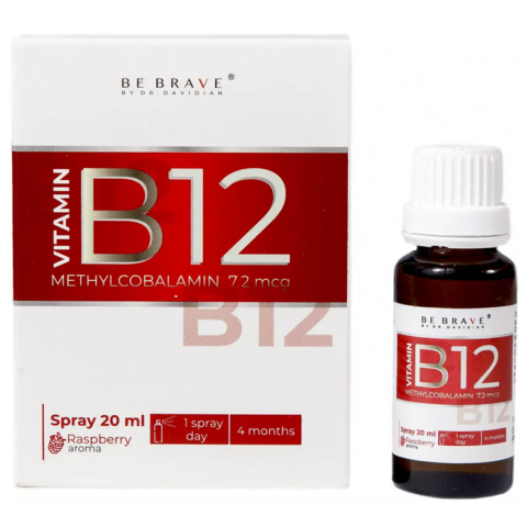 Витамин B12 (Метилкобаламин), со вкусом малины, спрей, 7,2 мкг, 20 мл, BE BRAVE