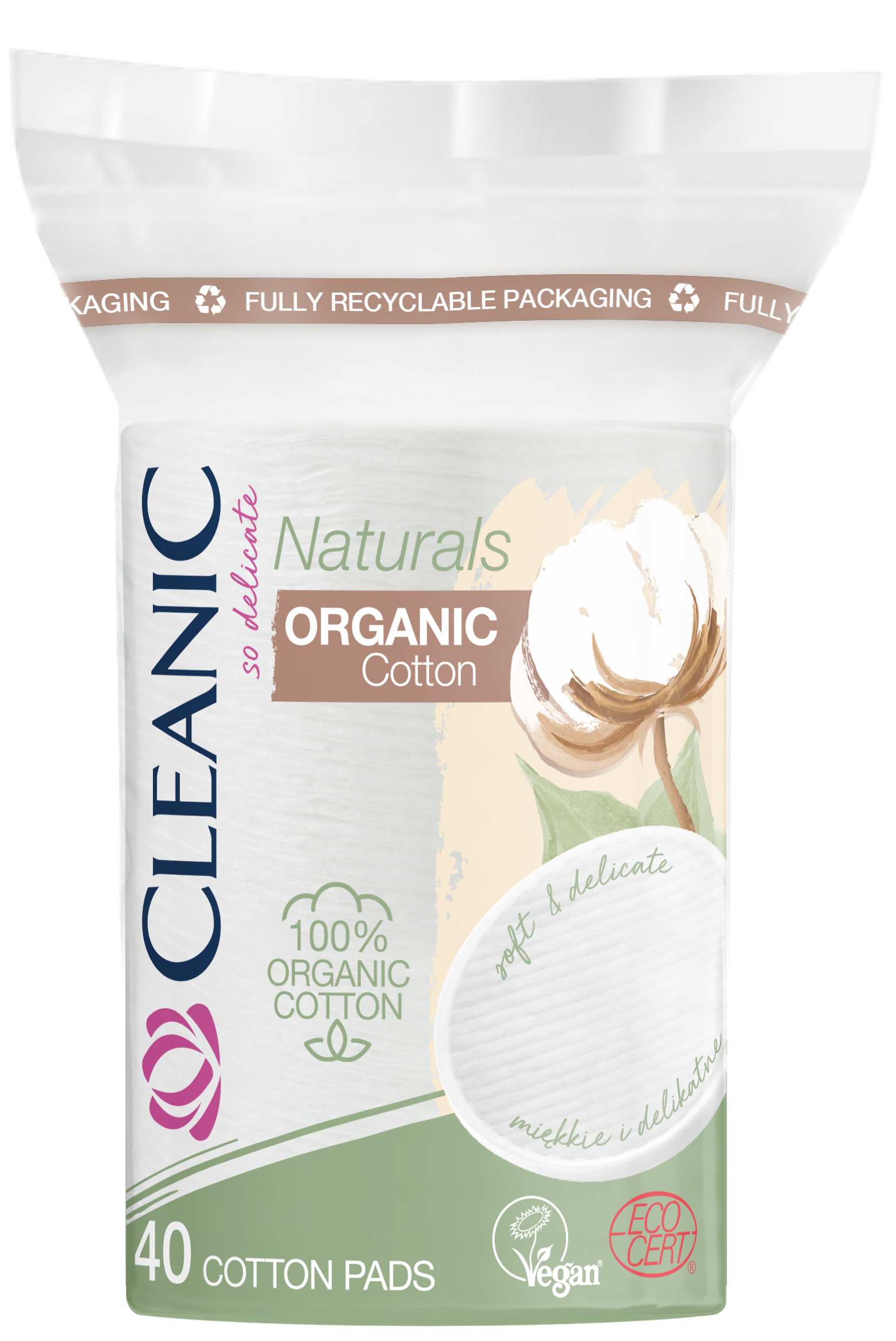 

Ватные диски Naturals Organic Cotton овальные п/э с веревочкой, 40 шт, CLEANIC