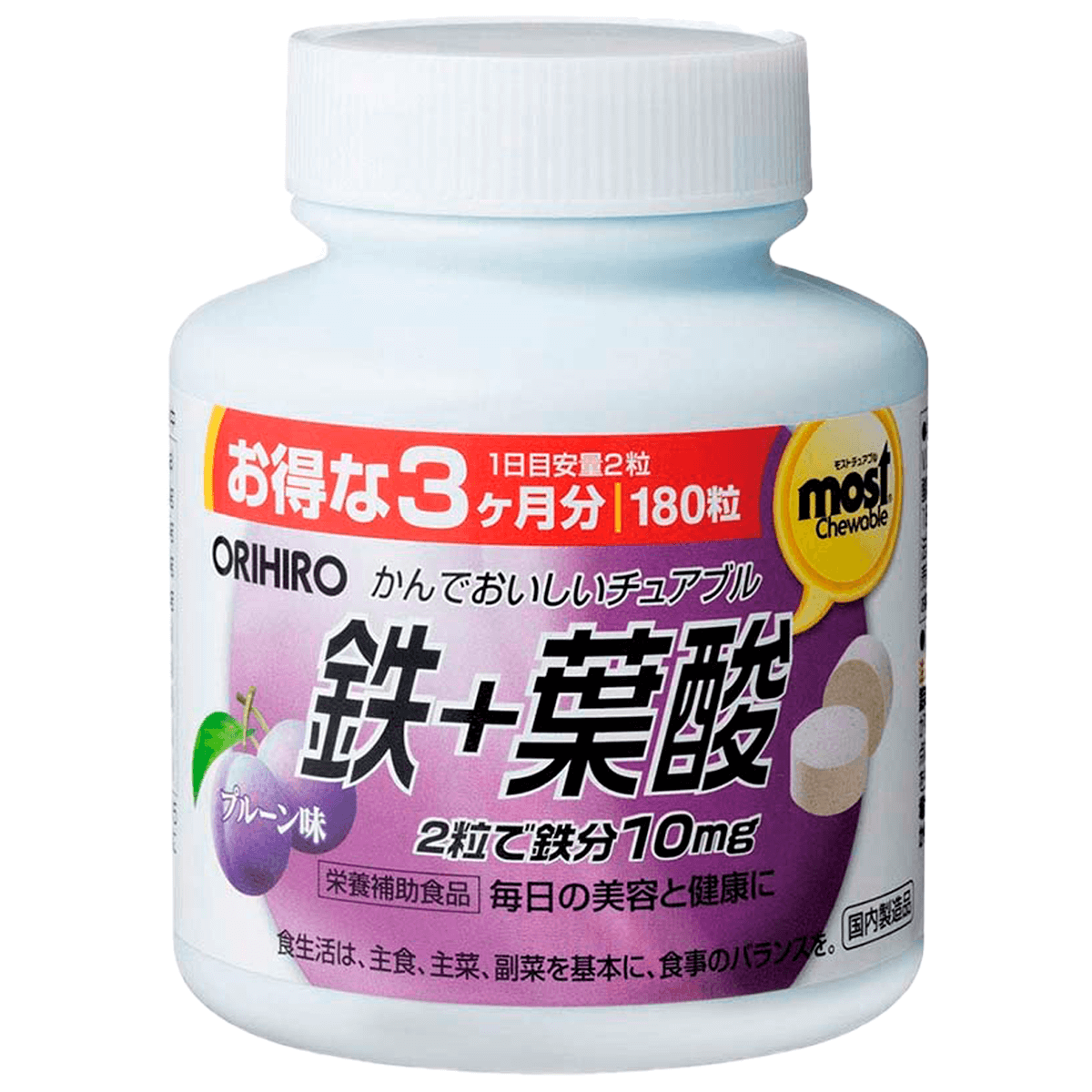 

Железо, со вкусом сливы, 180 жевательных таблеток, ORIHIRO