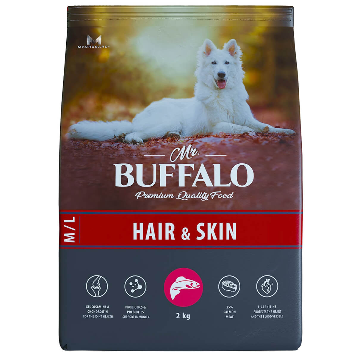 Сухой корм для собак средних и крупных пород, лосось, 2 кг, MR.BUFFALO HAIR & SKIN CARE