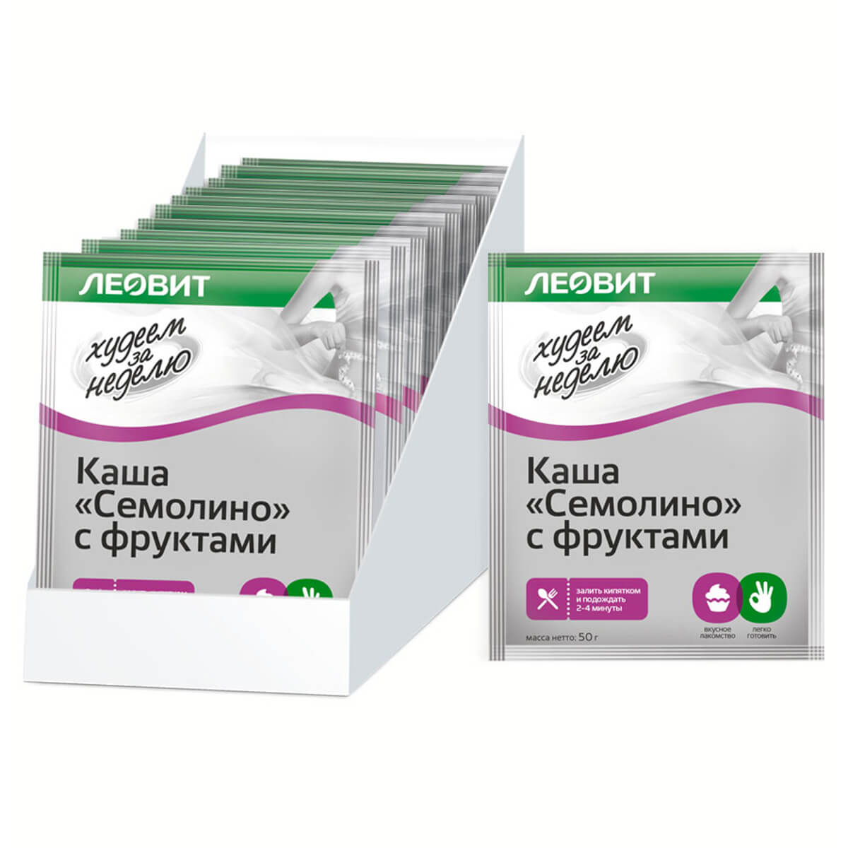 

Каша Семолино с фруктами Худеем за неделю, 12 шт по 50 г, ЛЕОВИТ