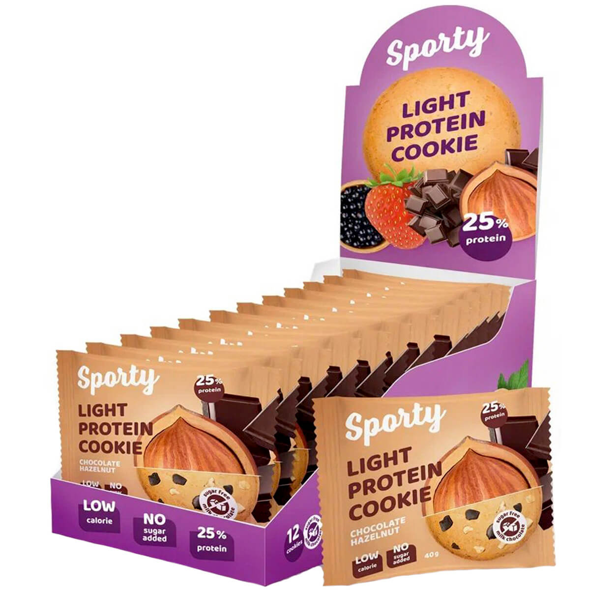 

Печенье SPORTY Protein Light БЕЗ САХАРА "Шоколад-Фундук", 12шт*40г, SPORTY