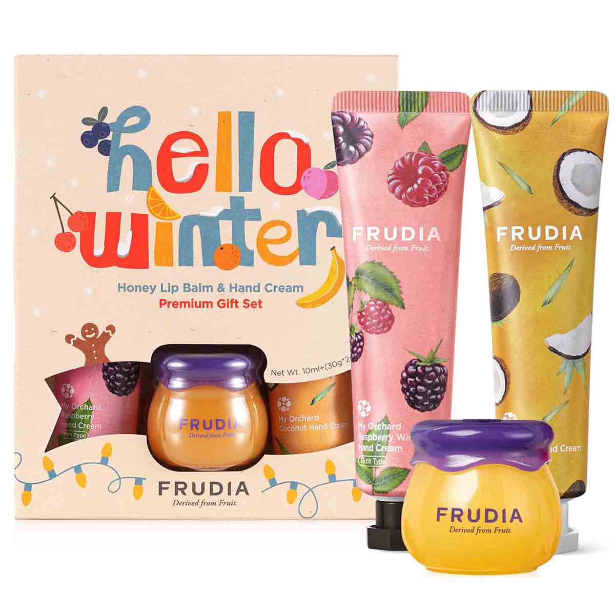 Подарочный набор Зимний Hello Winter 3 предмета (бальзам для губ+ 2 крема для рук малина/кокос), Frudia