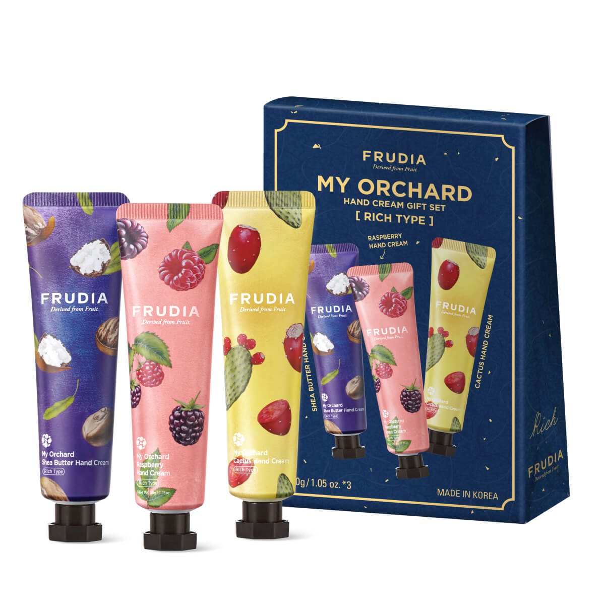 

Подарочный набор кремов для рук "Фруктовый сад" Масло ши+Малина+Кактус, FRUDIA