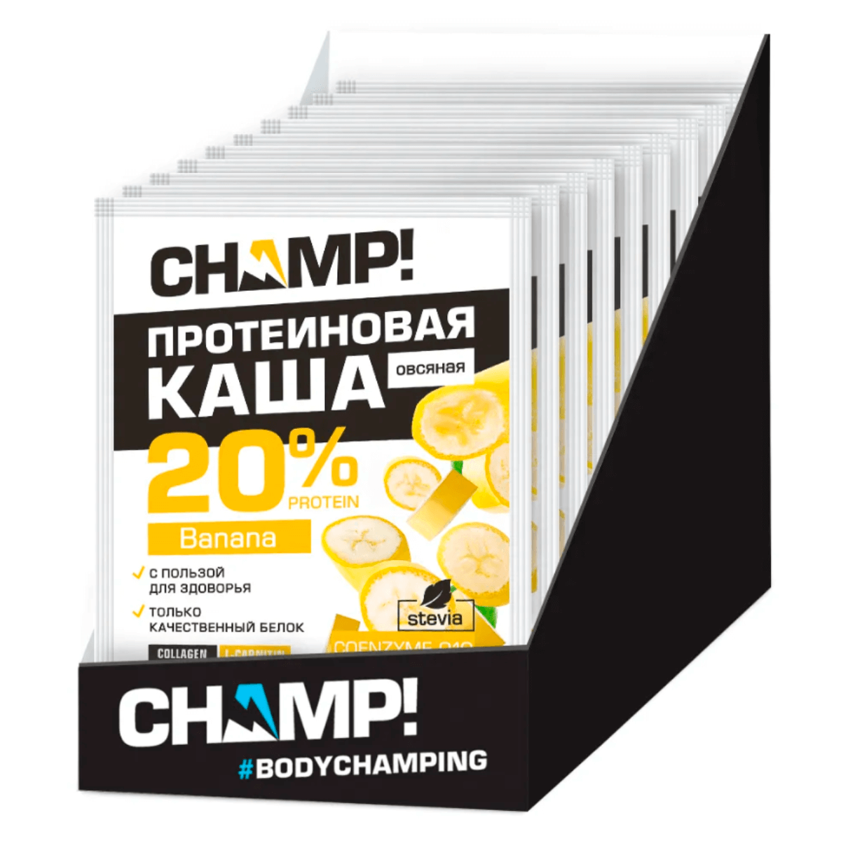 

Протеиновая льняная каша CHAMP! с коэнзимом Q10, Банан, 10 штук по 40 г, ЛЕОВИТ