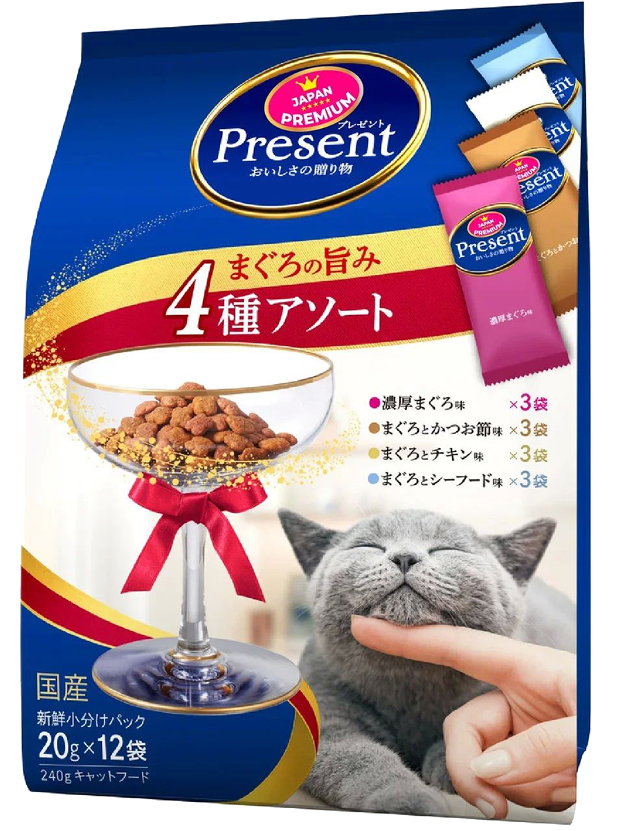 Лакомство PRESENT для взрослых кошек, ассорти 4 вкусов тунца с содержанием олигосахаридов для поддержания здорового пищеварения, 240 г, Japan Premium Pet
