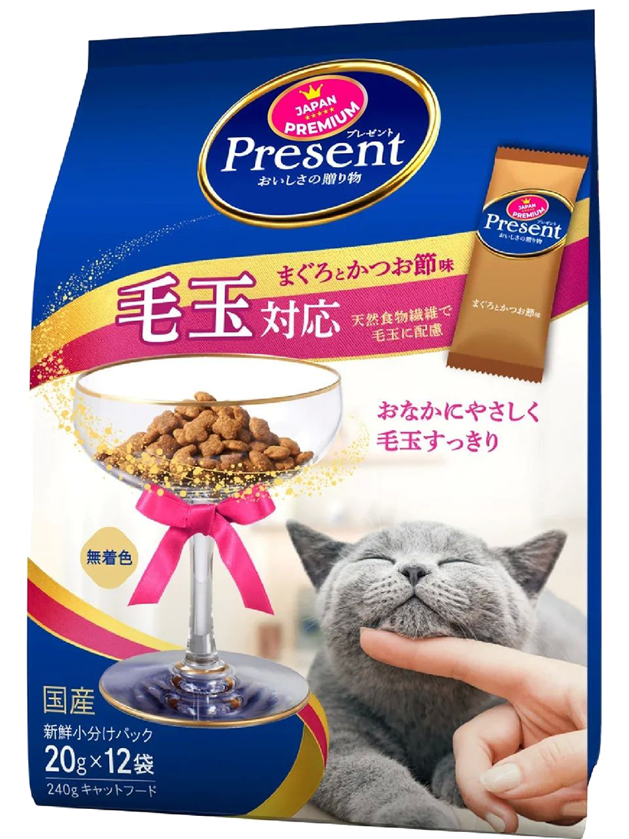 Лакомство для кошек PRESENT с натуральными пищевыми волокнами для выведения шерсти на основе японского тунца бонито, 240 г, Japan Premium Pet