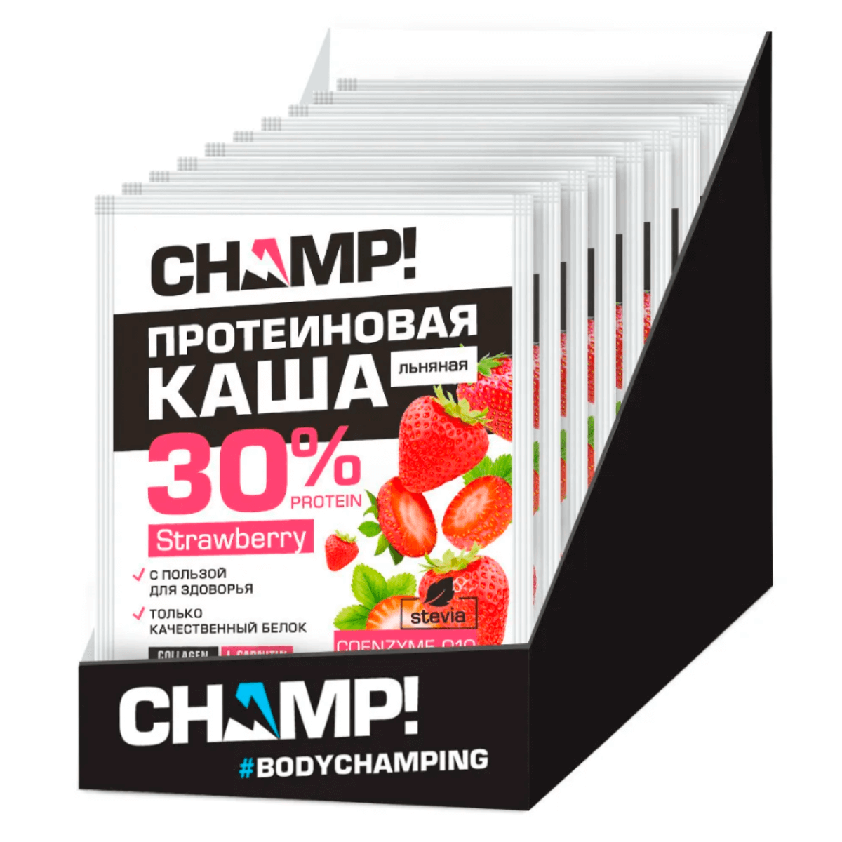 

Протеиновая льняная каша CHAMP! с коэнзимом Q10, Клубника, 10 штук по 40 г, ЛЕОВИТ