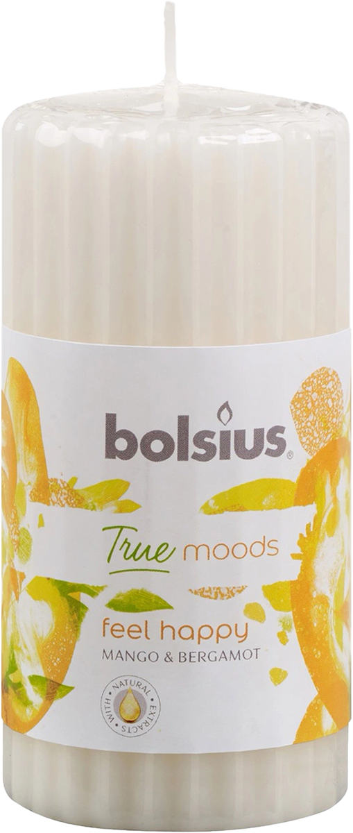 Свеча ребристая ароматическая "Feel happy (манго и бергамот)", столбик 120x58 мм, цвет белый, Bolsius