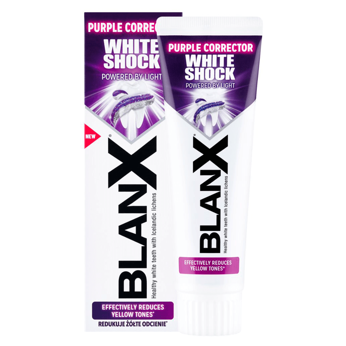 

Зубная паста Бланкс Вайт Шок отбеливающая с фиолетовым корректором цвета, 75 мл, BlanX