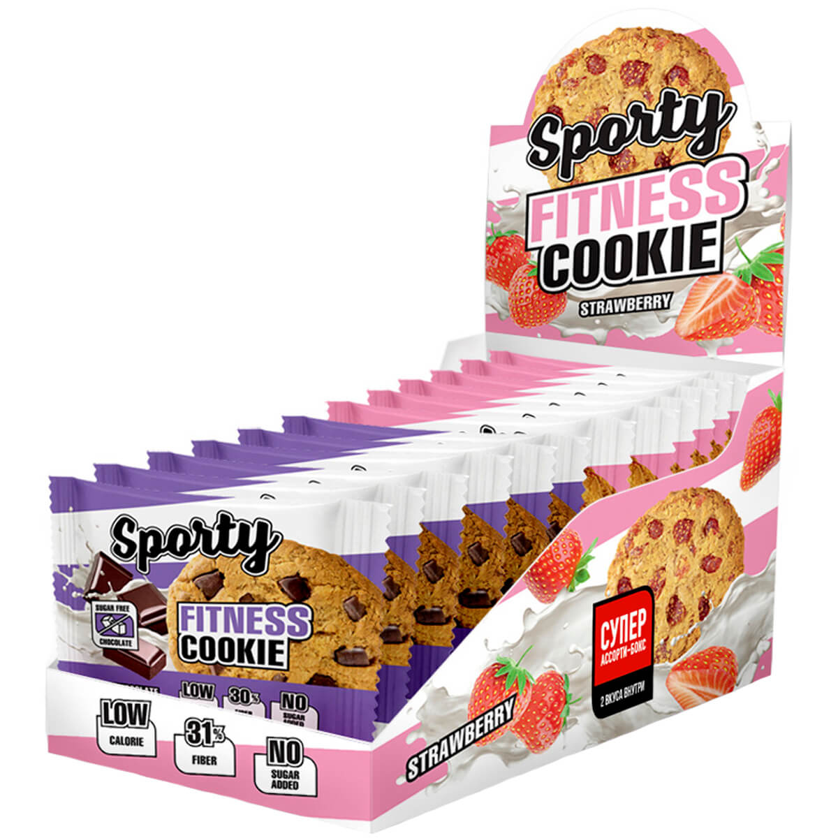 

Ассорти печенья Sporty Fitness БЕЗ САХАРА, 12 шт*40г (Клубника 6 шт + Молочный шоколад 6шт), SPORTY