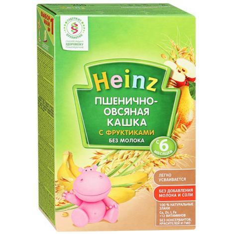 Безмолочная пшенично-овсяная кашка с фруктиками, 200 гр, Heinz