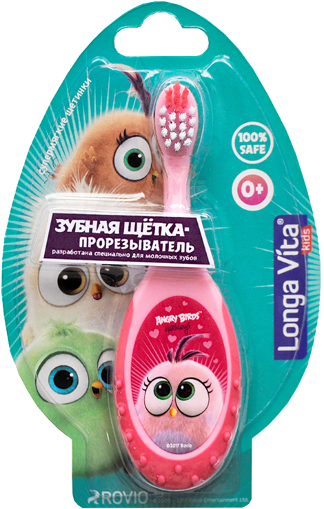 Детская зубная щетка-прорезыватель, 0+, Angry Birds, розовая, Longa Vita