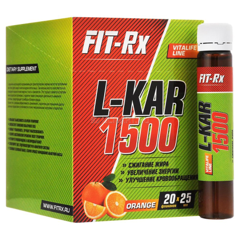 L-карнитин L-KAR 1500, вкус «Апельсин», 20 ампул по 25 мл, Fit-Rx