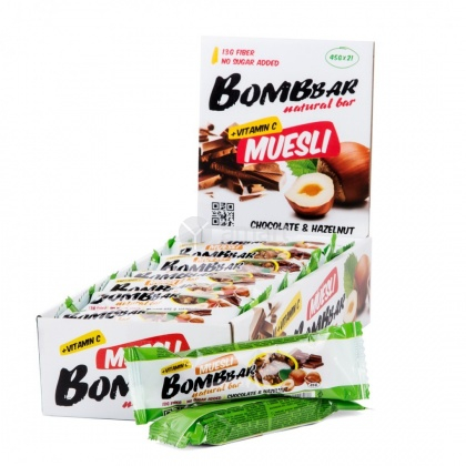Батончик-мюсли «Шоколад и фундук», упаковка 21 шт по 45 гр, BOMBBAR