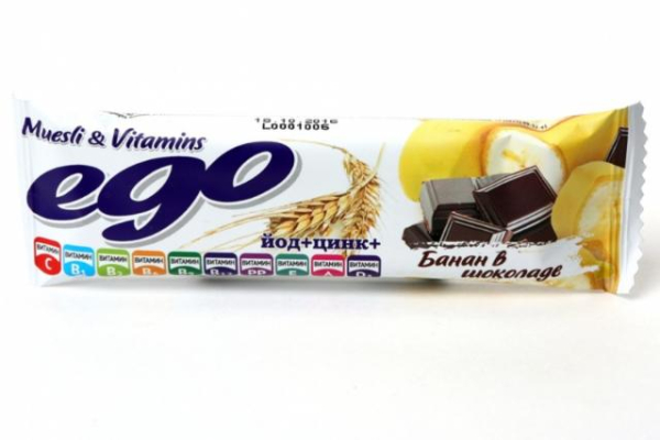 Батончик мюсли «Банан с йодом и витаминами в молочном шоколаде», 25 гр, Ego