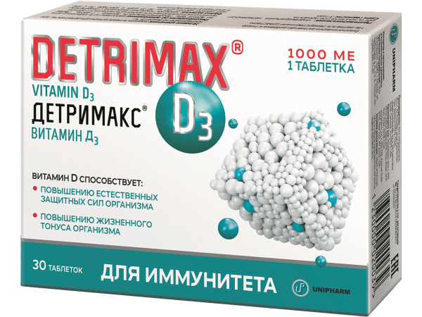 Витамин D3, 1000 МЕ, 30 таблеток, DETRIMAX