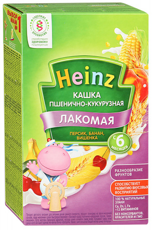 Лакомая кашка пшенично-кукурузная «Персик, банан, вишенка», 200 гр, Heinz