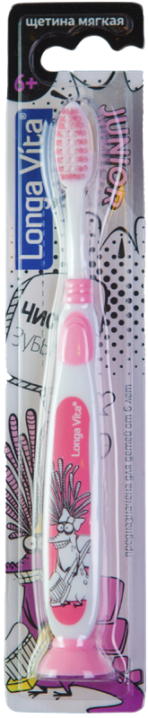 Детская зубная щетка Junior 6+, розовая, Longa Vita