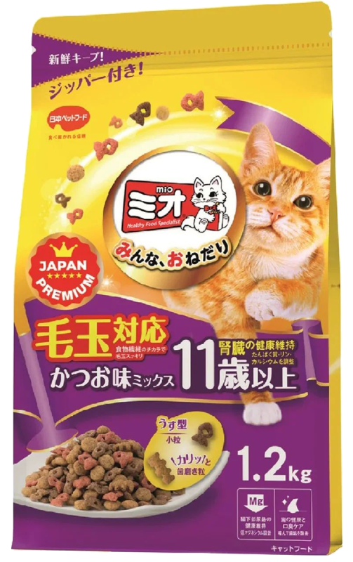 Корм MIO для пожилых кошек (11+) 5 секретов здоровья с усиленной функцией вывода шерсти и укрепления иммунитета на основе японского тунца бонито, 1.2 кг, Japan Premium Pet