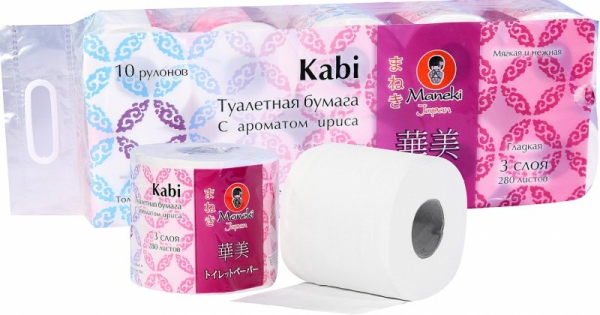 Бумага туалетная Kabi, 3 слоя, с ароматом ириса, 10 рулонов, MANEKI