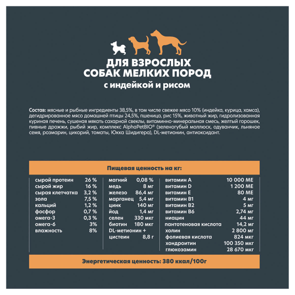 SUPERPREMIUM 500 г, сухой корм для взрослых собак мелких пород с индейкой и рисом, ALPHAPET WOW - фото 2