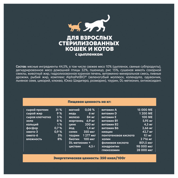 SUPERPREMIUM 350 г, сухой корм для взрослых стерилизованных кошек и котов c цыпленком, ALPHAPET WOW - фото 2