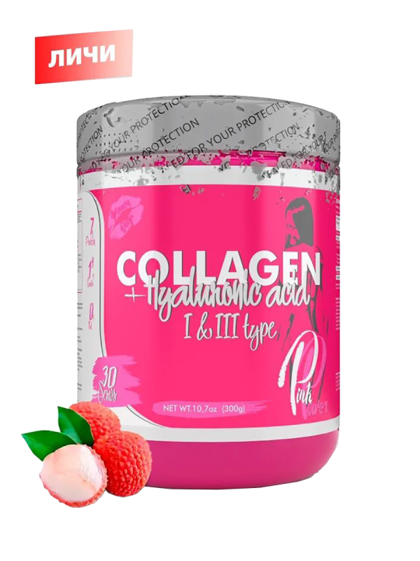 COLLAGEN PLUS (Коллаген + гиалуроновая кислота), вкус Личи, 300 г,  PinkPower
