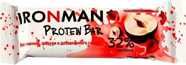 Батончик &quot;32 Protein Bar&quot; (Пралине с клубникой без глазури), модерн, 50 г, IRONMAN