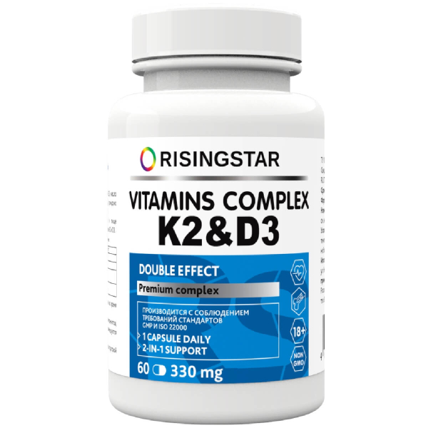 Витамин K2 + D3, 60 капсул, Risingstar