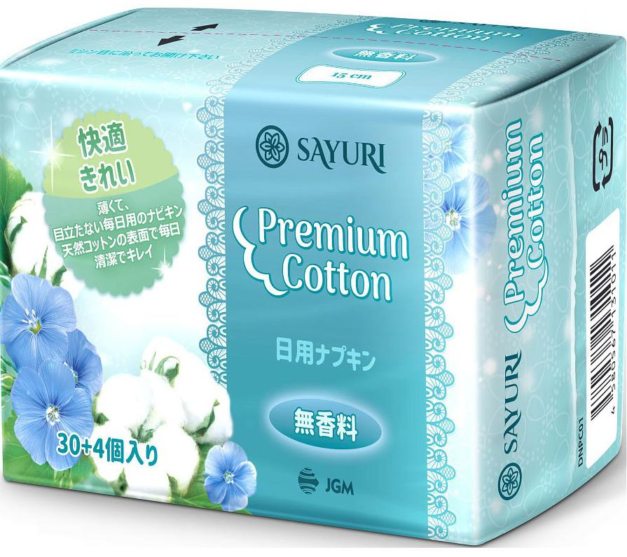 Ежедневные гигиенические прокладки Premium Cotton, 15 см, 34 шт, Sayuri