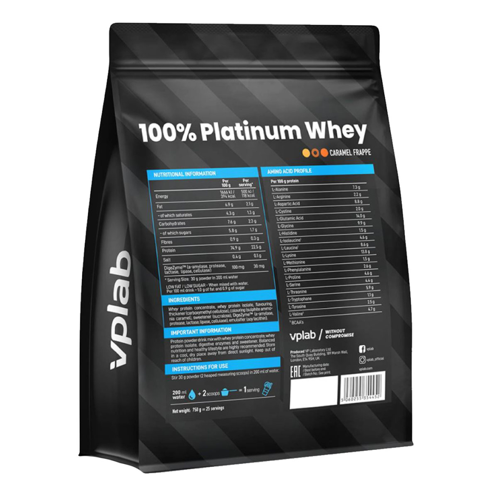 Сывороточный протеин 100% Platinum Whey, вкус «Карамельный фраппе», 750 гр, VPLab