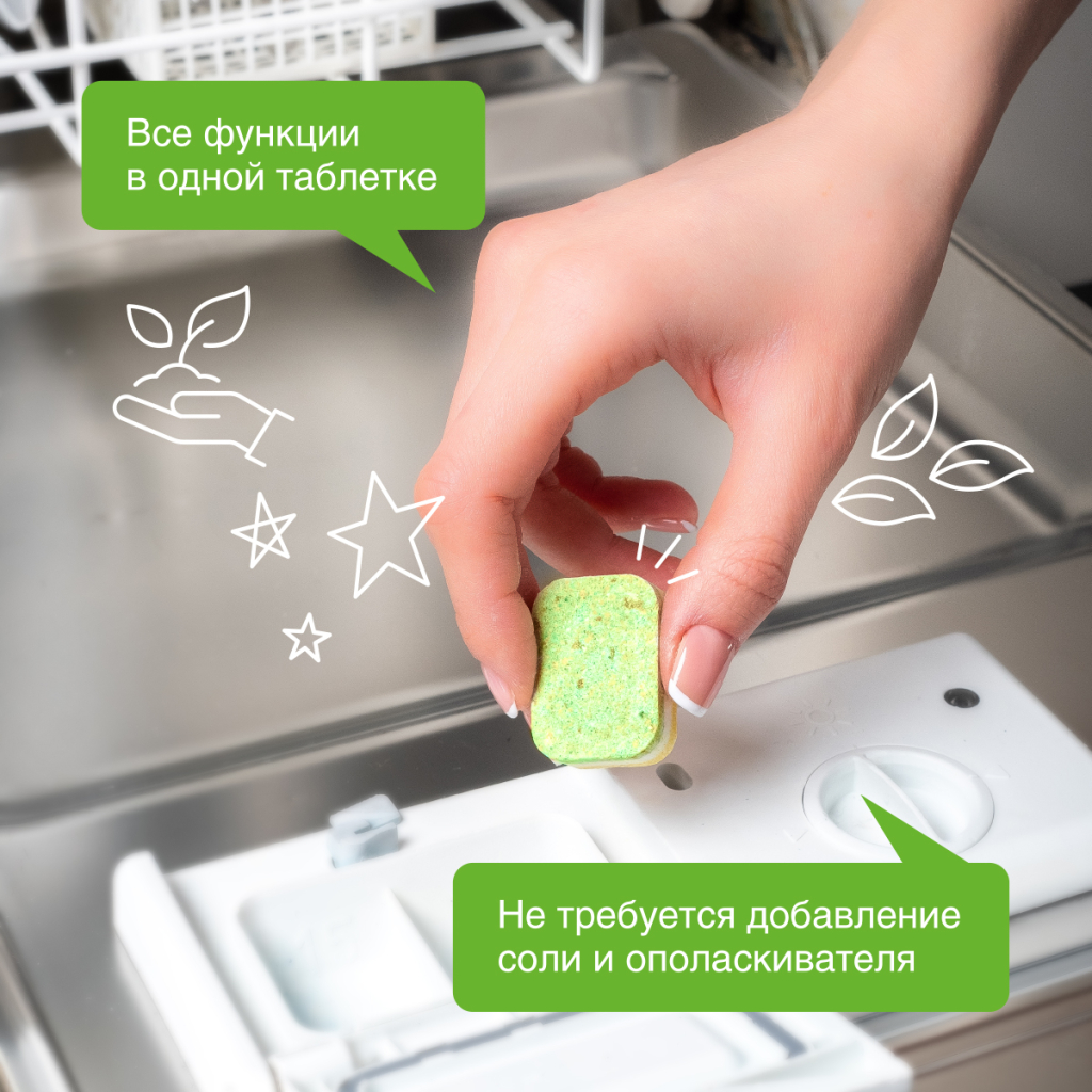 Биоразлагаемые бесфосфатные таблетки для посудомоечных машин, 55 шт, Synergetic