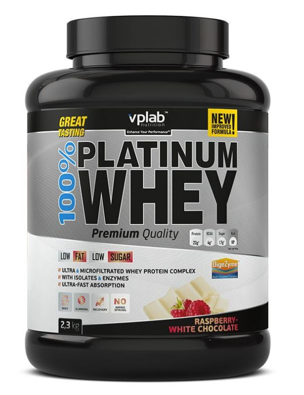 Сывороточный протеин 100% Platinum Whey, вкус «Малина-белый шоколад», 2,3 кг, VPLab