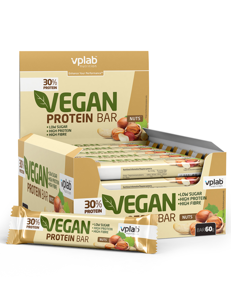 Батончик Vegan protein bar, Орехи, 12 шт, VPLab Nutrition