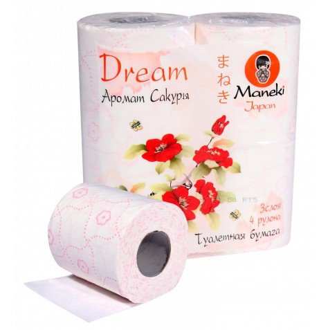 Бумага туалетная Dream, 3 слоя, с ароматом сакуры, 4 рулона, MANEKI