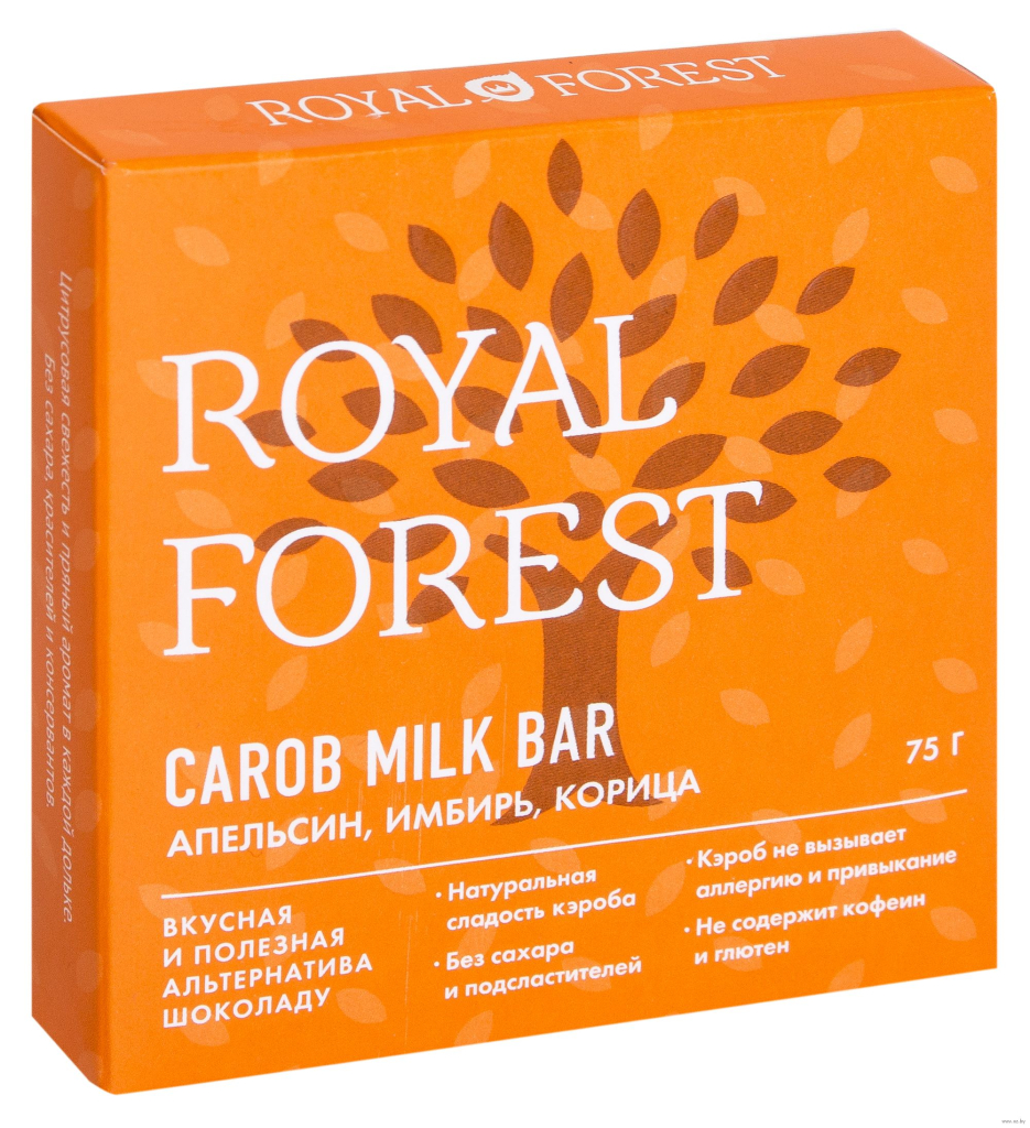 Шоколад из кэроба с апельсином, имбирем и корицей Carob milk bar, 75 г, Royal Forest