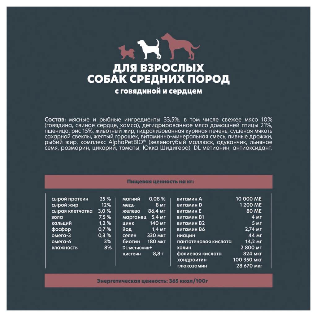 SUPERPREMIUM 2 кг сухой корм для взрослых собак средних пород с говядиной и сердцем, ALPHAPET WOW