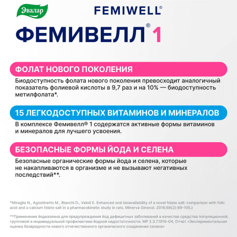 Витамины для беременных Фемивелл 1, 30 таблеток, Эвалар
