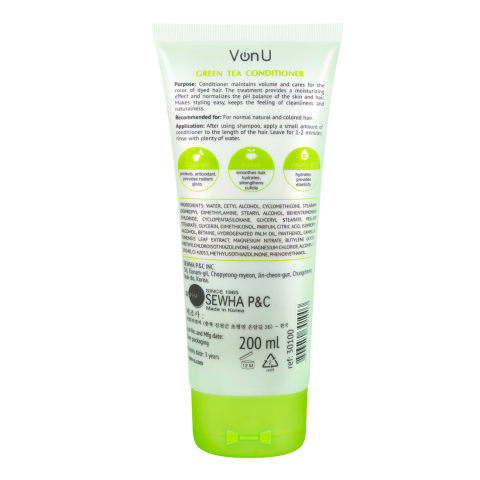Кондиционер для волос с зеленым чаем Ежедневный уход 2в1, 200 мл, Von-U