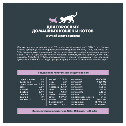 SUPERPREMIUM 750 г, сухой корм для взрослых домашних кошек и котов с уткой и потрошками, ALPHAPET WOW