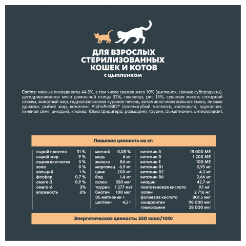 SUPERPREMIUM 1,5 кг, сухой корм для взрослых стерилизованных кошек и котов c цыпленком, ALPHAPET WOW