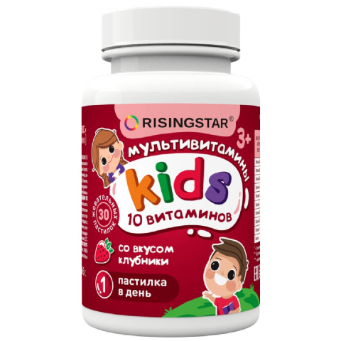 Мультивитамины для детей со вкусом клубники 3+, 30 жеват.пастилок, Risingstar