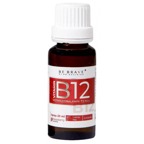 Витамин B12 (Метилкобаламин), со вкусом малины, спрей, 7,2 мкг, 20 мл, BE BRAVE