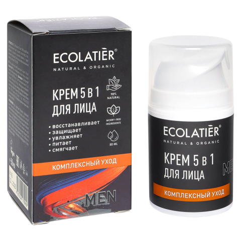 Крем для лица мужской Комплексный уход 5 в 1 , 50 мл, Ecolatier